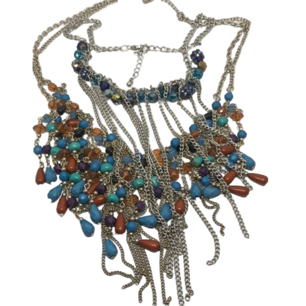 Bundle lot 2 chain fringe beaded statement necklaces layering layered look